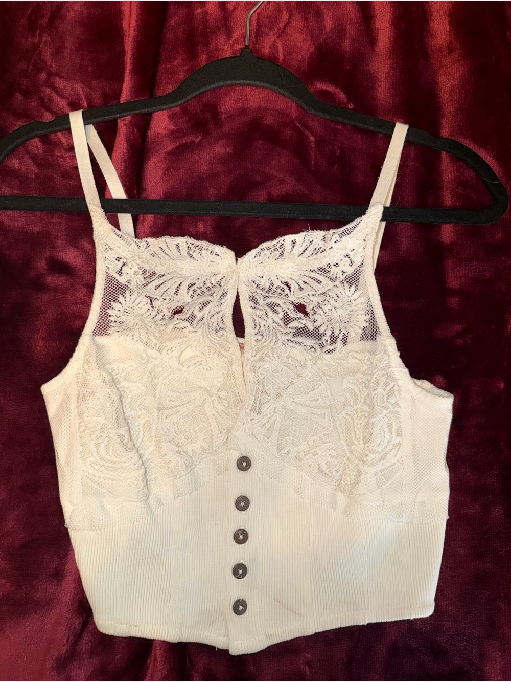Cream Lace-Front Button Crop Tank